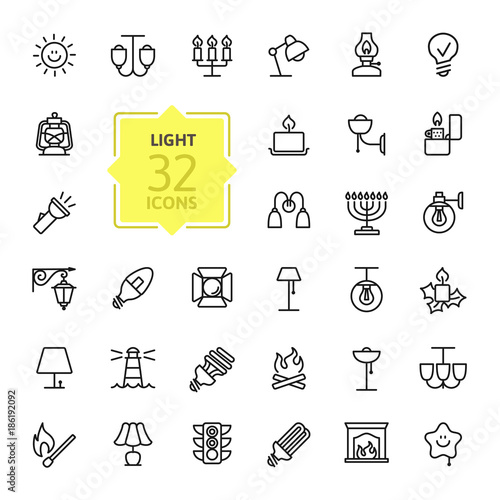 Lights web icon set - outline icon set, vector, thin line icons collection