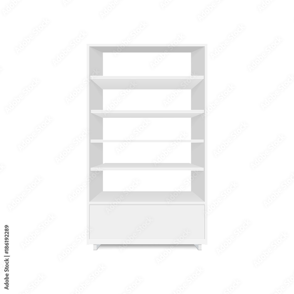 Blank empty showcases display with retail shelves. Front view. Vector mock up template ready for your design Blank empty showcases display with retail shelves. Front view. Vector mock up template ready for your design