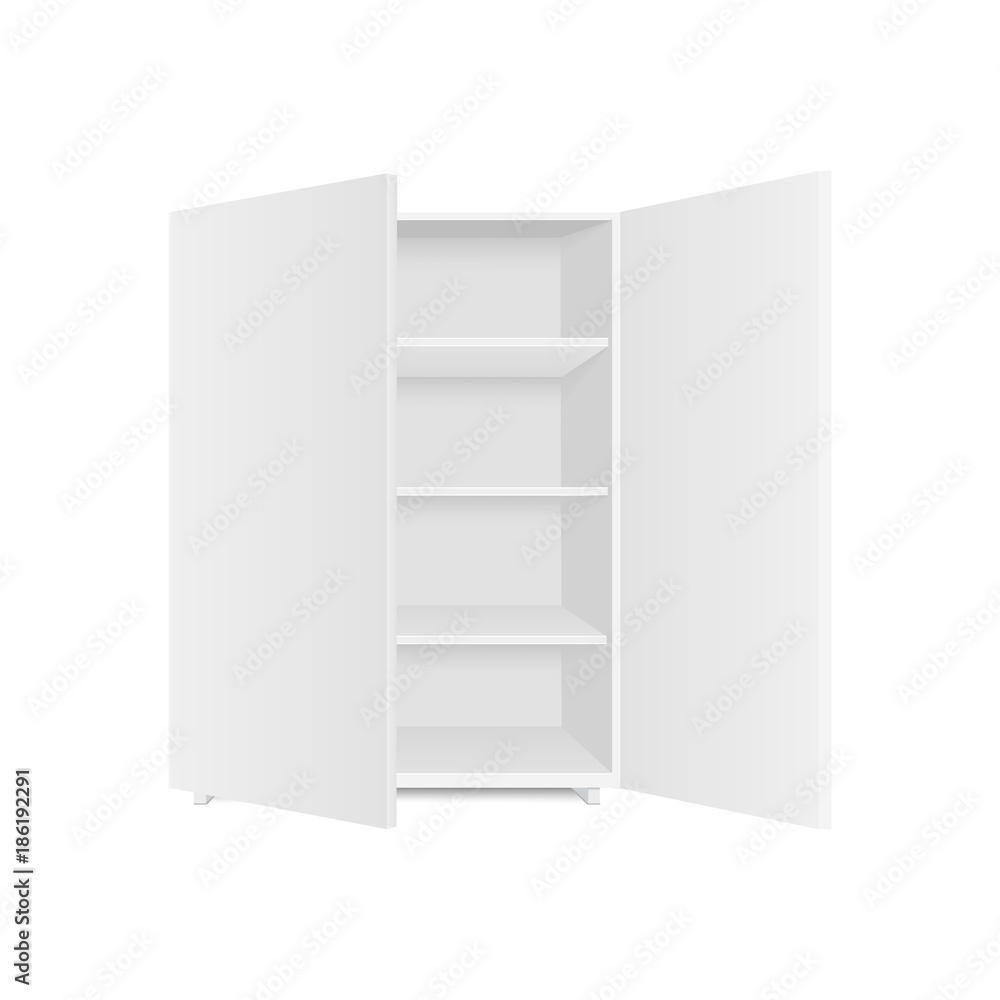 Blank empty showcases display with retail shelves. Front view. Vector mock up template ready for your design Blank empty showcases display with retail shelves. Front view. Vector mock up template ready for your design