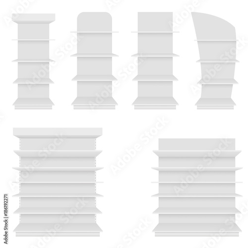 Set of blank empty showcases display with retail shelves. Front view. Vector mock up template ready for your design