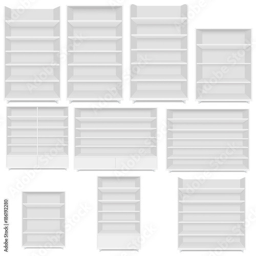 Set of blank empty showcases display with retail shelves. Front view. Vector mock up template ready for your design