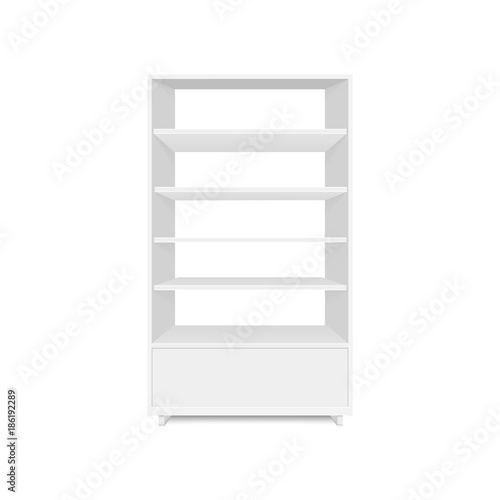 Blank empty showcases display with retail shelves. Front view. Vector mock up template ready for your design