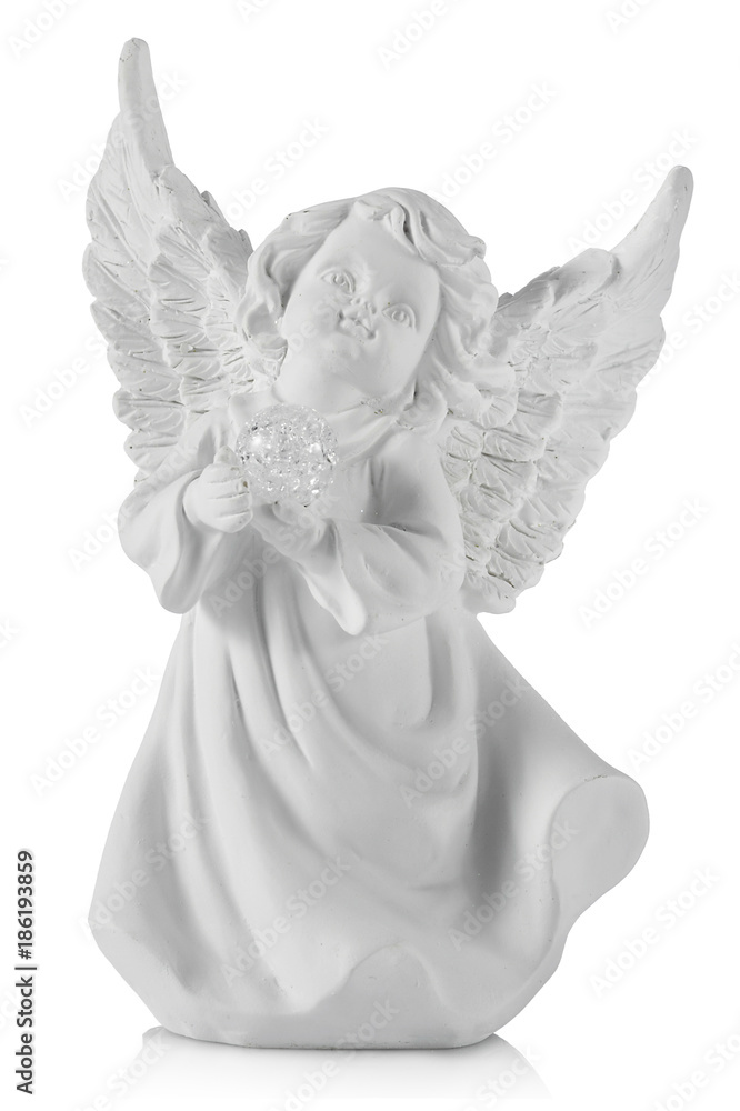 Gypsum sculpture of a white angel on white background, close up Gypsum sculpture of a white angel on white background, close up