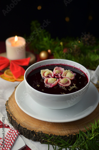 Traditional Christmas borscht with dumplings