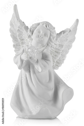 Gypsum sculpture of a white angel on white background, close up