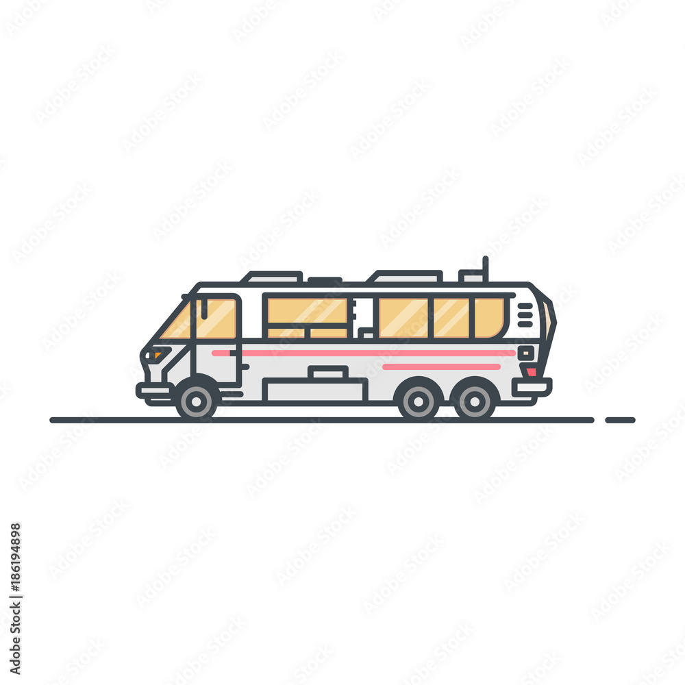 Big caravan or camper motorhome. Six wheels, big windows car. Family road trip concept. Traveling on vehicle on the road. Line style trendy retro illustration. Camping on wheels.