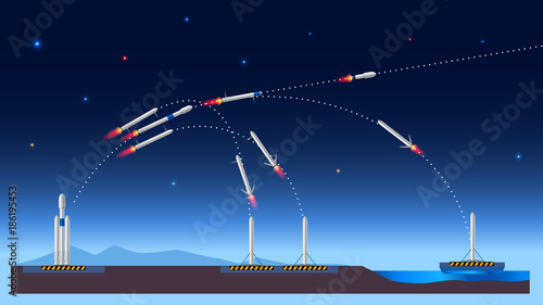 Heavy reusable rocket carrier of USA. Falcon in space. Launch, separation stage, landing. Vector flight scheme. Infographic flight illustration.