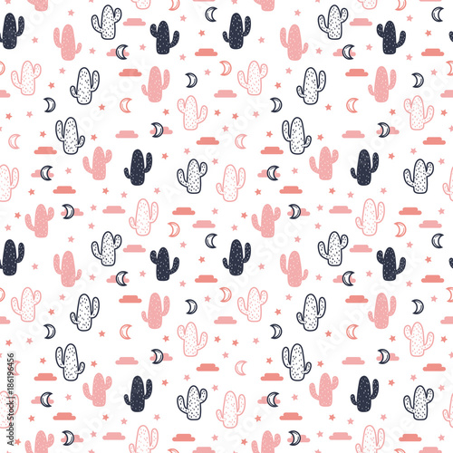 Vector seamless pattern with succulent cactus, stars and moon.