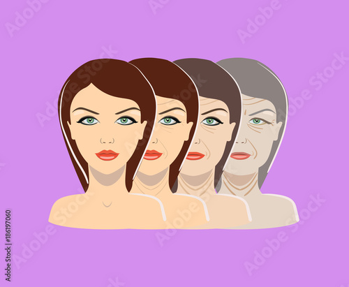 Vector aging process. Four stages of face changing on the purple background