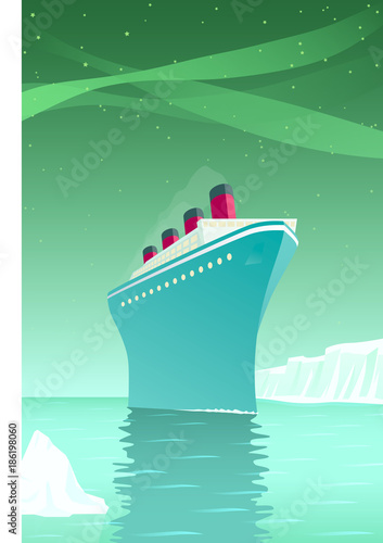 Vintage style vector illustration of giant cruise ship with icebergs on arctic ocean under northern lights