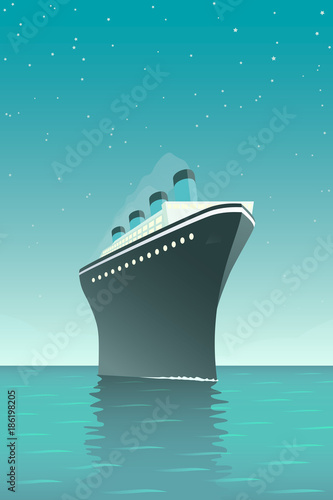 Vintage style vector illustration of giant cruise ship on the ocean at night