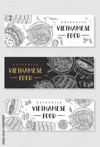 Vietnamese food flyer design. Linear graphic. Vector illustration. Engraved style.