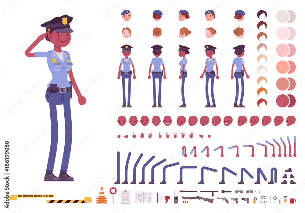 Young black policewoman character creation set