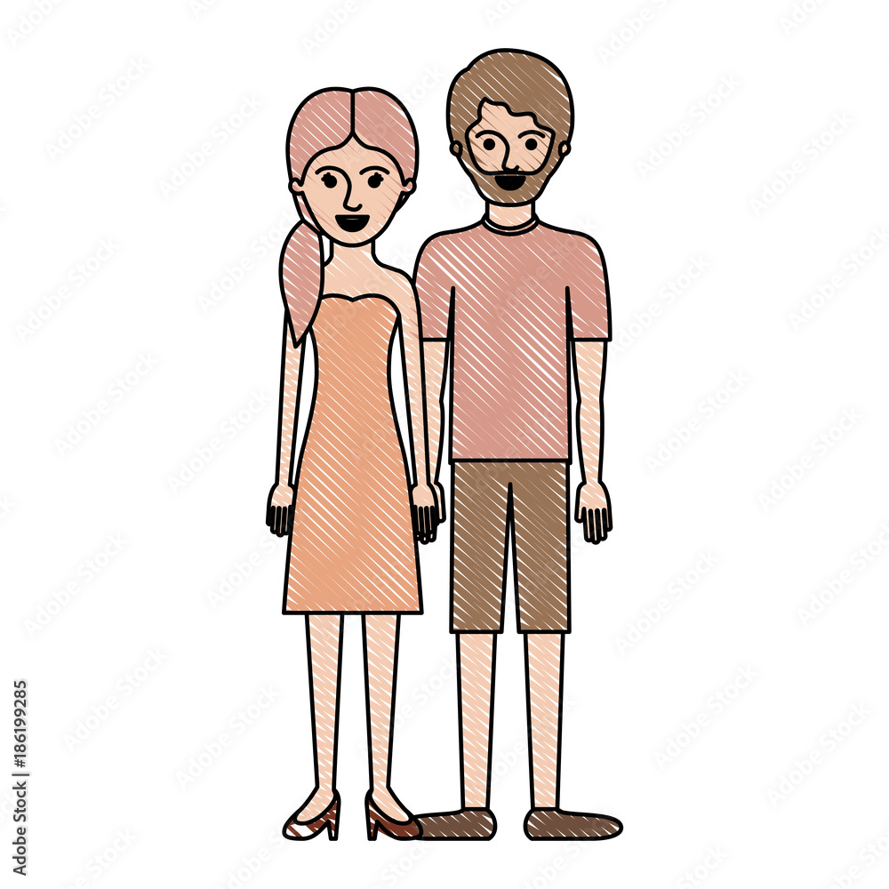 couple in colored crayon silhouette and her with strapless dress and heel shoes with pigtail hairstyle and him with t-shirt and short pants and shoes with short hair and beard couple in colored crayon silhouette and her with strapless dress and heel shoes with pigtail hairstyle and him with t-shirt and short pants and shoes with short hair and beard