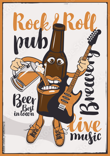 Vector banner for Rock and roll pub with inscriptions brewery, beer, best in town, live music. Illustration in a flat style with a cheerful bottle of beer that holds a guitar and a full glass of beer