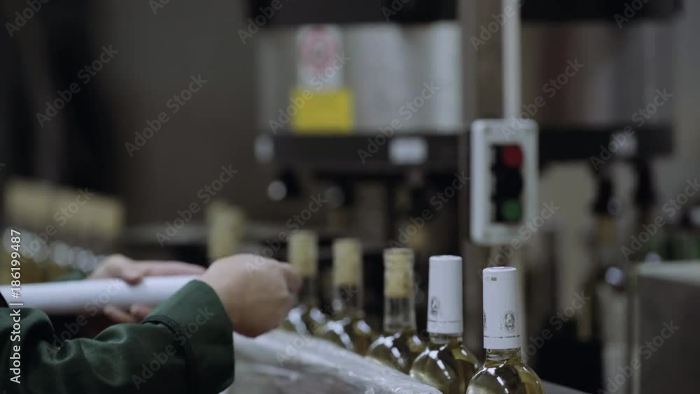 Winery workers plugging the bottles with the etiquette. Winery workers plugging the bottles with the etiquette.