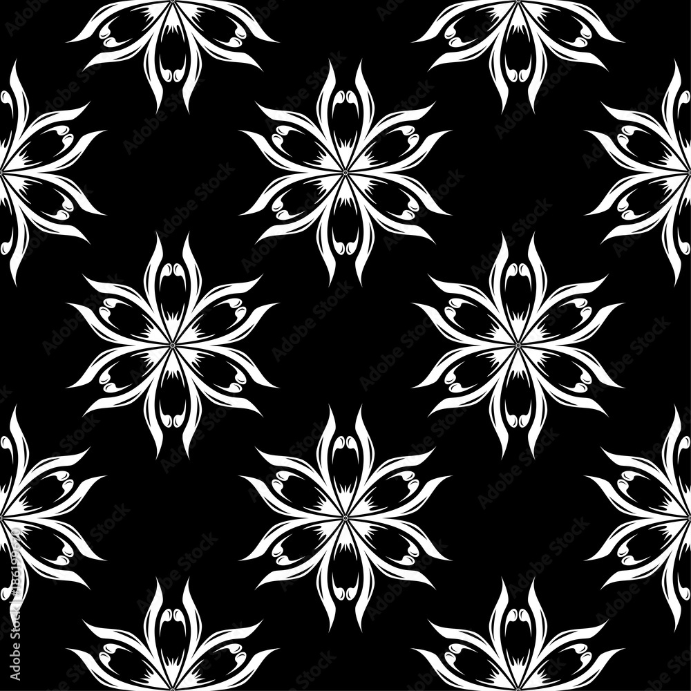 Fototapeta premium White floral seamless pattern on black background