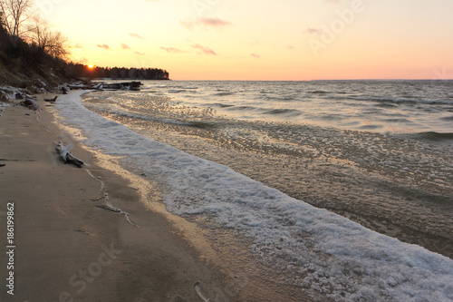 Ice forming on the river in autumn at sunset  Ob reservoir  Siberia  Russia