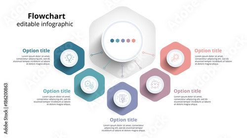 Business process chart infographics with 5 step segments. Circular corporate timeline infograph elements. Company presentation slide template. Modern vector info graphic layout design.