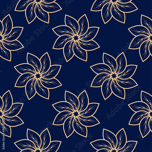 Golden floral seamless pattern on blue background