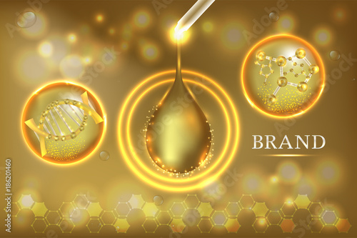 Gold Collagen Serum drop with advertising background ready to use, luxury skin care ad. Illustration vector.	