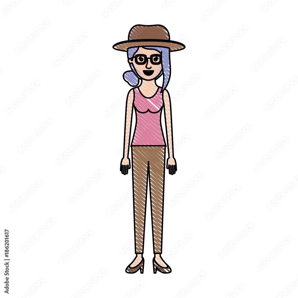 woman with hat and glasses and t-shirt sleeveless and pants and heel shoes with collected hair and fringe in colored crayon silhouette