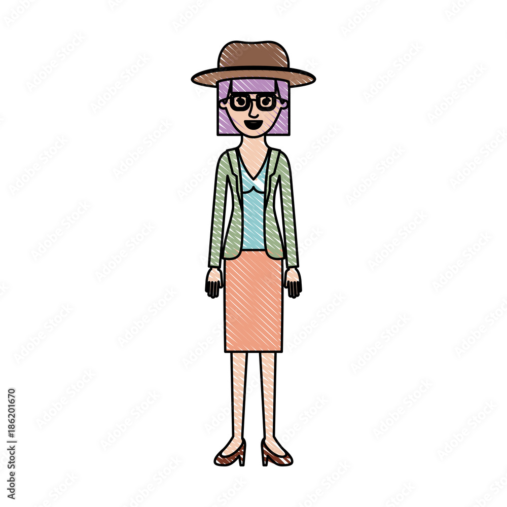 woman with hat and glasses and blouse with jacket and skirt and heel shoes with mushroom hairstyle in colored crayon silhouette woman with hat and glasses and blouse with jacket and skirt and heel shoes with mushroom hairstyle in colored crayon silhouette
