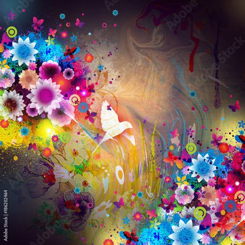 Абстрактный красочный фон с цветами и птицей