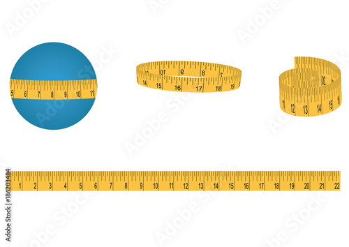 Set - measuring tape, yellow, on a roll and long - isolated on white background - art vector illustration