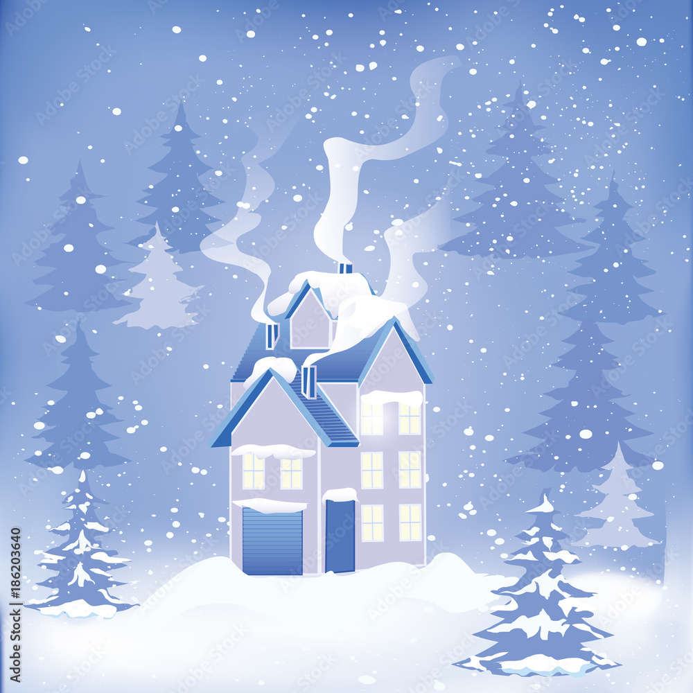 Country house in the snow-covered forest - vector art illustration. Winter landscape.