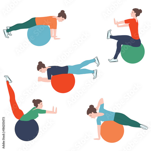 Sports poster - five position exercises with a ball - isolated on white background - art vector. Fitness. Yoga.