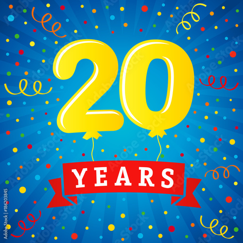 20 years anniversary celebration with colored balloons & confetti. Vector illustration design for your Celebration party the 20th years template numbers anniversary unique background, invitation card