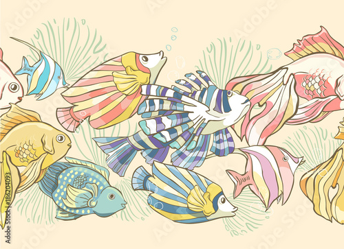 Seamless pattern with hand drawn sea fish and shells. Vector illustration. Page of coloring book