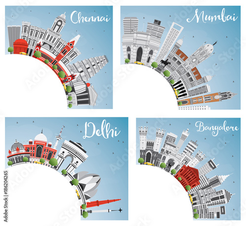 Chennai, Mumbai, Delhi and Bangalore City Skyline with Gray Landmarks, Blue Sky and Copy Space.