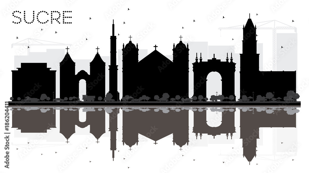 Obraz premium Sucre Bolivia City Skyline Black and White Silhouette with Reflections.