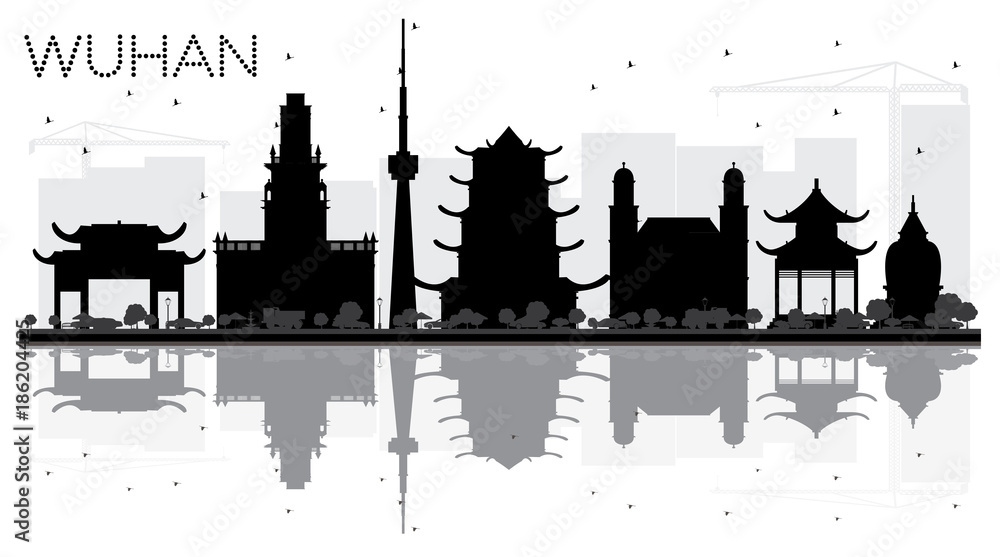 Obraz premium Wuhan China City Skyline Black and White Silhouette with Reflections.