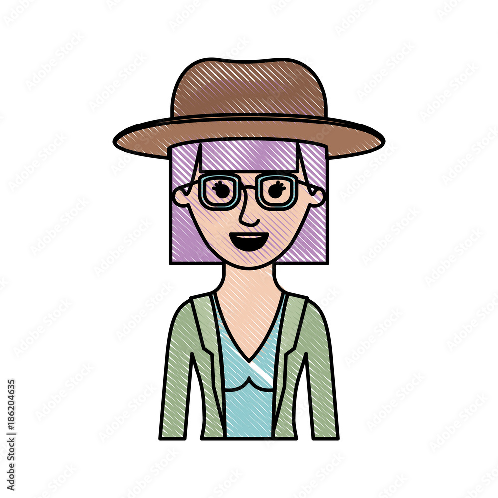 woman half body with hat and glasses and blouse with jacket with mushroom hairstyle in colored crayon silhouette