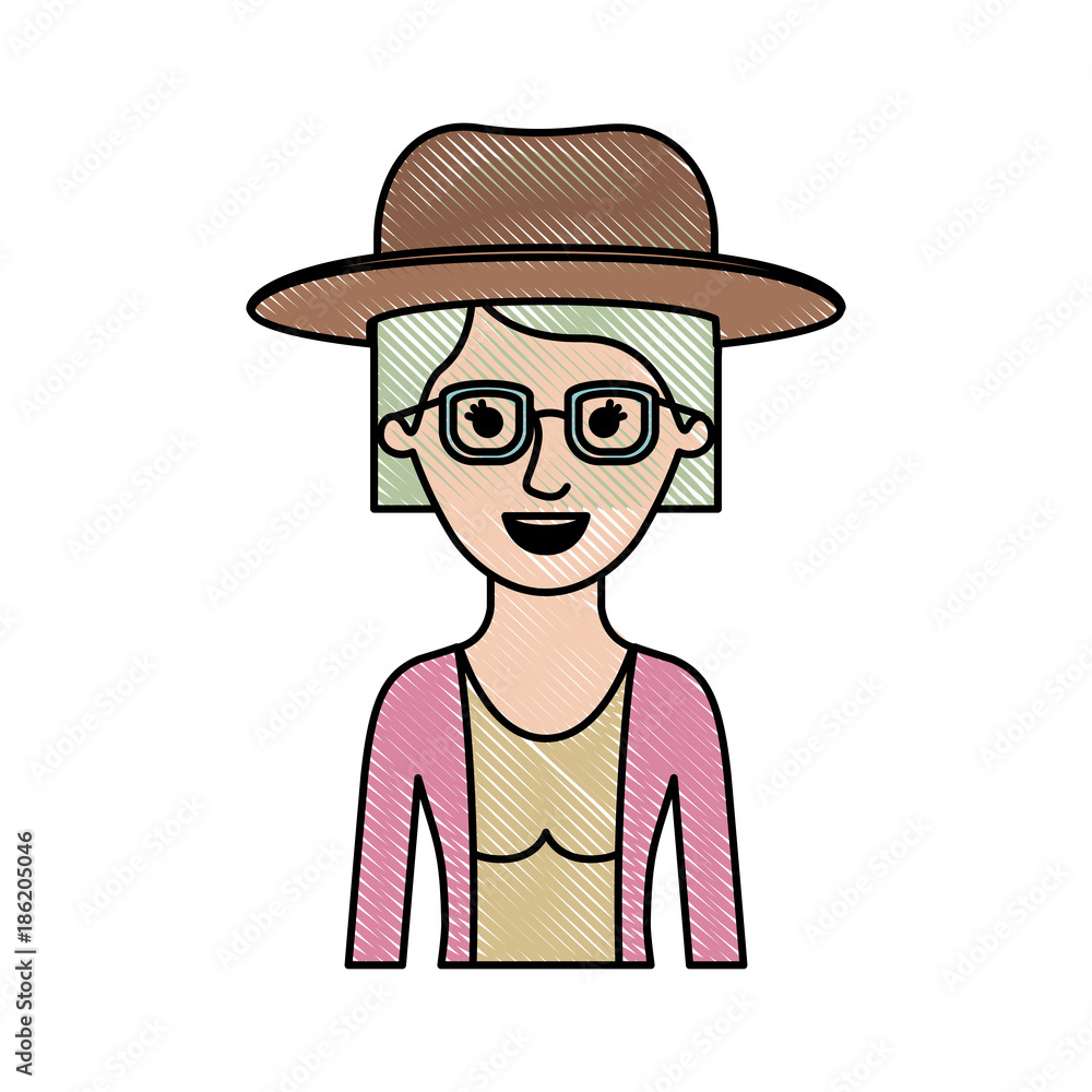 woman half body with hat and glasses and blouse with jacket and short hair in colored crayon silhouette