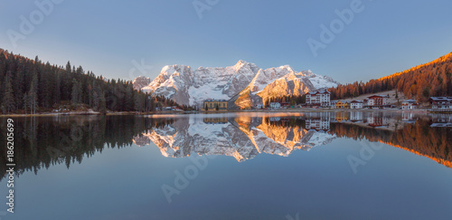 Lake Misurina with reflection of clear sky photo