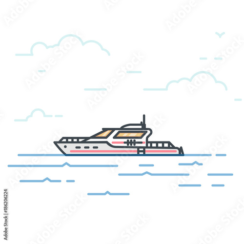Modern yacht in the sea. Trendy line vector illustration. Big boat on water. Oceanic ship traveling concept. Water transport.