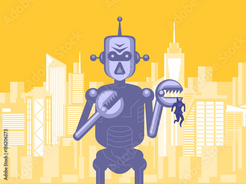 Giant evil robot holding human