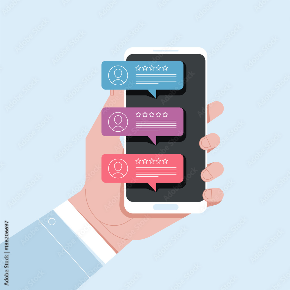 Review rating bubble speeches on mobile phone Review rating bubble speeches on mobile phone