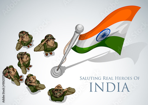 Indian Army soilder saluting falg of India with pride