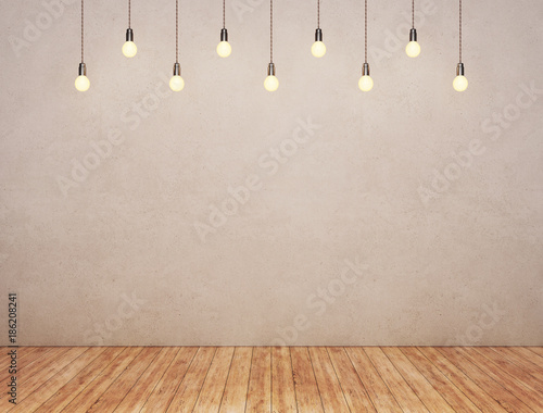 Room with plank floor and glowing lights. 3D rendering