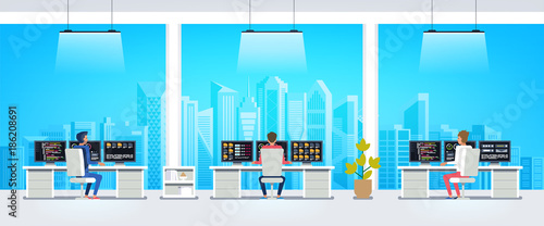 Office interior. workers sitting at desks and work on the computer. Vector illustration 