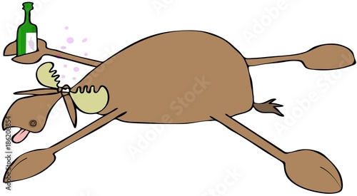 Illustration of a drunken bull moose spread eagle on the ground and holding a bottle of wine.