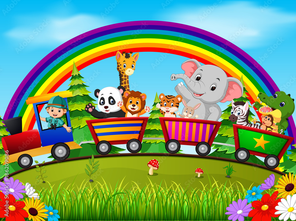 Obraz premium adventurer and wild animals on the train with rainbow illustration