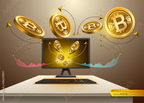 Digital Vector Bitcoin spread from Computer. Detailed cryptocurrency illustration with chart diagram graphic illustration