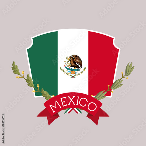 mexico insignia flag with ribbon in colorful silhouette