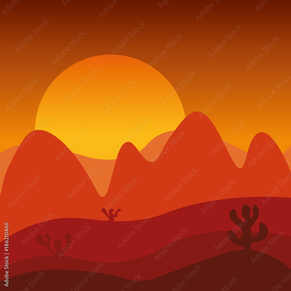 Landscape sunset in dry desert. Beautiful orange sky, mountains and cactus. 